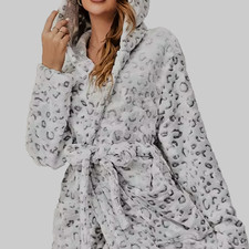Womens 2XL Gray Printed Soft Long Plush Flannel Hooded Wrap Robe Cozy Bathrobe
