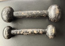 2 antichi manubri vintage 2 libbre + 1 libbra ghisa testa ovale pesi a mano globo