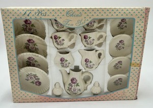 Vintage 17 Piece China Tea Set Purple Flower Design Open Box