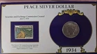 1934 Peace Silver Dollar Framed with History & Stamp