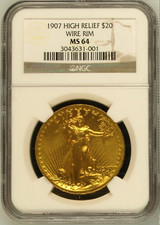 1907 NGC MS64 High Relief Wire Rim $20 Saint Gaudens Gold Double Eagle