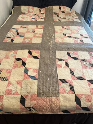 #ad #ad Antique Quilt Handmade Patchwork Calico Americana Pink Black 1800s $229.99