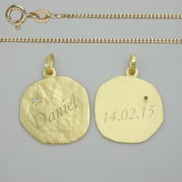MäNner Frauen Diamant AnhäNger Platte Gravur Name Datum Echt Gold 333 Gelbgold