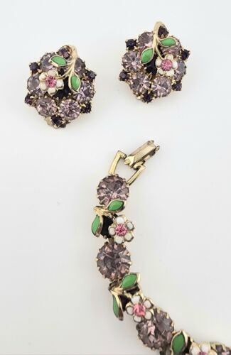 Vintage Weiss Lila Strass & Emaille Blume Armband & Clip Ohrringe SET - Bild 3 von 9