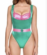 Retro 80 s Style Second Satin Bra Bodysuit Pink Green Unitard Set L New
