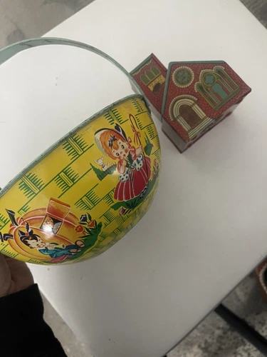 vintage j.chein tin toys Antique Basket (pictured With nursery Rhymes) And Bank