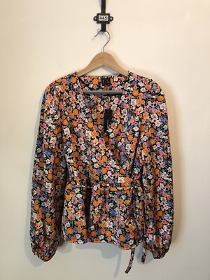 Vero Moda Floral Wrap Top Blouse, Size M, Long Sleeves V Neck Peplum BNWT 108