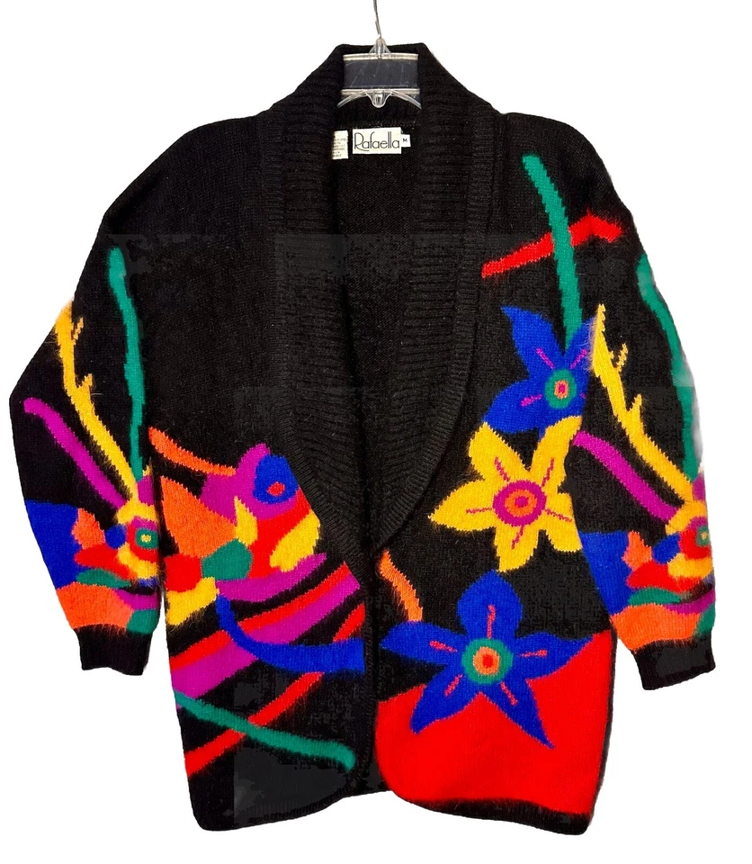 Suéter Cárdigan Vintage Años 90 Rafaella Angora Mezcla Lana Flor Acogedor Talla L Abuela Foto 2 de 4