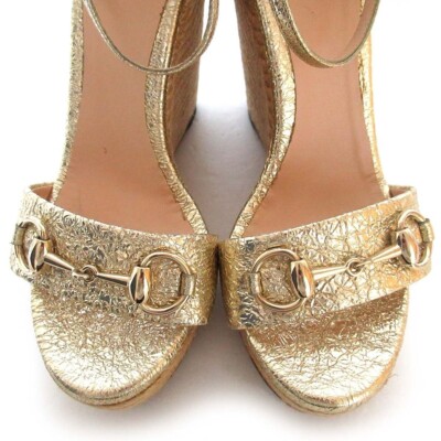 GUCCI Horsebit Wedge High Heel Ankle Strap Gold Sandals Size GUCCI Horsebit Wedge High Heel Ankle Strap Gold Sandals Size