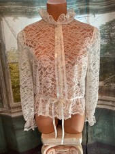 Vtg Victorian Style Ribbon  Lace Sheer White Blouse Top Romantic Boho Sz Large
