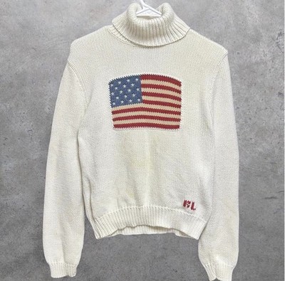Ralph Lauren Sport American Flag Hand Knit Sweater Mens XL Cotton Vintage