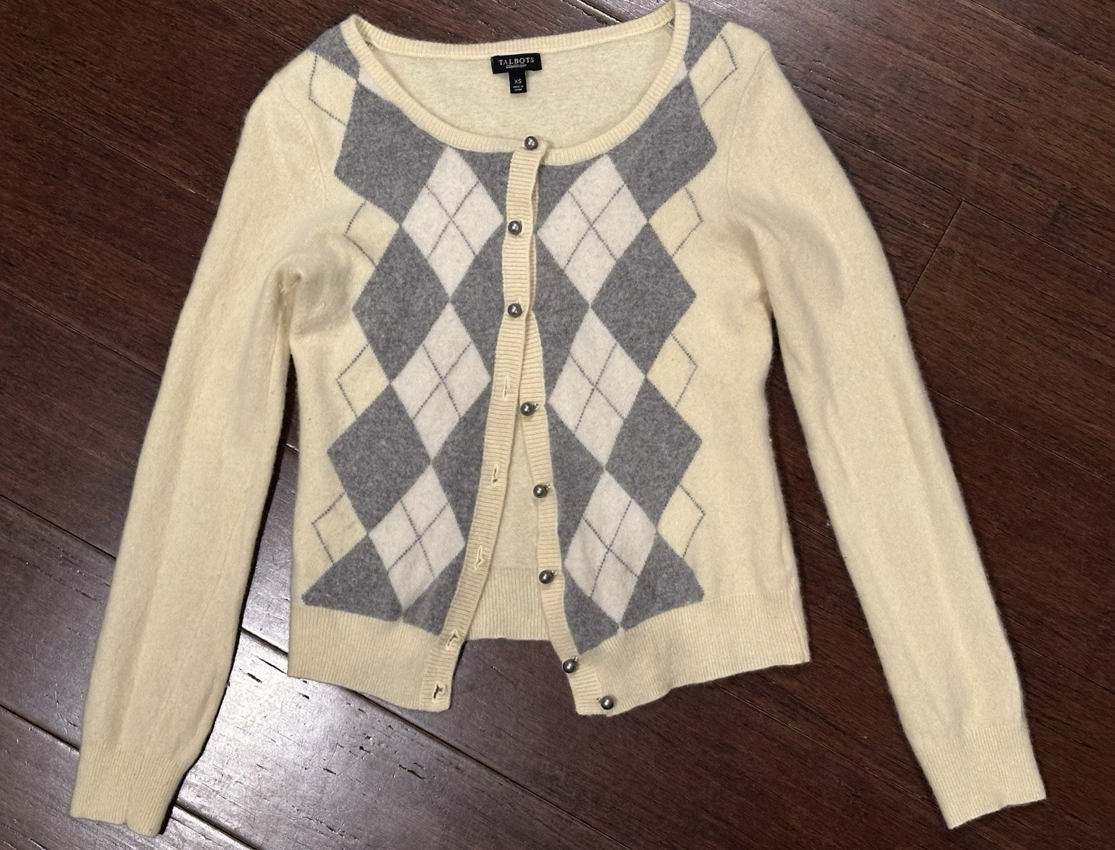 Talbots XS Lambswool Angora Cardigan Argyle Soft Yellow Preppy Button Front
