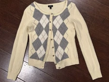 Talbots XS Lambswool Angora Cardigan Argyle Soft Yellow Preppy Button Front