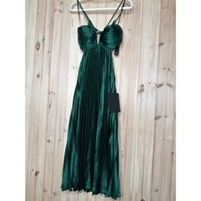 NWT Lulus Aerin Emerald Satin Pleated Cutout Midi Dress Banquet Bridesmaid Sz S