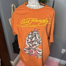 Vintage Y2K -Ed Hardy by Christian Audigier Orange Clipper Ship Rose XXL