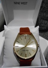 Women's Nine West Japanese Quartz Dress Watch Brown Strap Gold Tone Dial & Hands