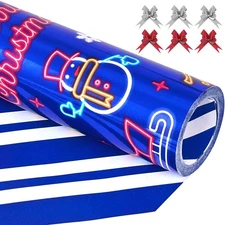 EWES Blue Christmas Wrapping Paper Funny Foil Set Rolls Kids Cute Reversible