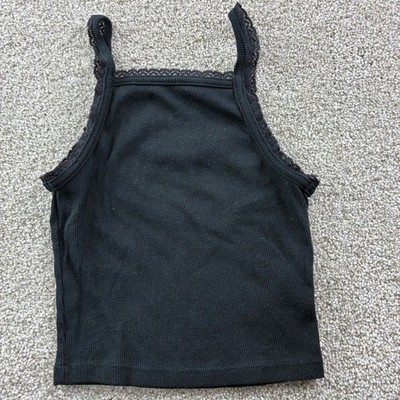 American Eagle Black Ribbed Lace Trim Cropped Tank Top Womens XS Cami Casual