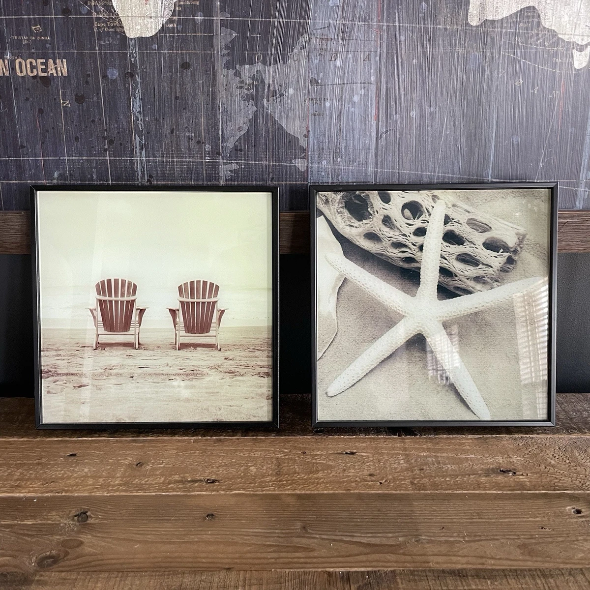 2 s/w Sepia Retro gerahmte Ozean Strand Adirondack Stühle Seestern Bild Wandbild