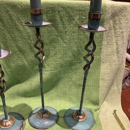 3 Green Verdigris Twisted Dinner Candlesticks Holders Aged Style With Candles - Picture 2 of 5
