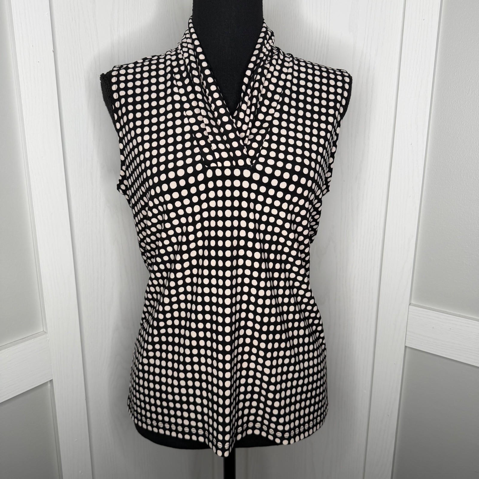 Anne Klein Sleeveless Top Womens Small Black White Polka Dot Cowl Neck Stretch