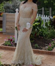 Gold Black Lace Formal Gown, Sequined Beaded, Sweetheart Off-Shoulder, Slit