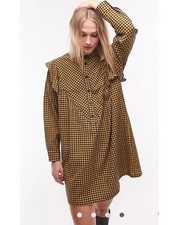 Topshop brown Check plaid jumper dress Size 14 Prairie Cabin Ruffle Button Front