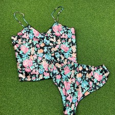 Vintage 80s 90s Pastel Floral Satin Pajama Tank Panty Set Sz M