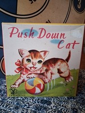 Vintage Tin Litho PUSH DOWN Cat w/ Ball 1940s-50s HOKU JAPAN In Box Works