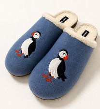 Lands' End Sherpa Lined Clog Slippers Blue Puffin Embroidered House Shoe Size 9