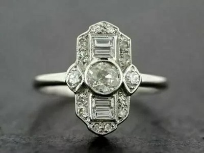 Art Deco Vintage Round Cut Lab Created Diamond 14K White Gold FN Engagement Ring