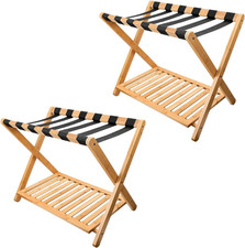 Bamboo Luggage Rack Set of 2 - Folding Suitcase Stand with Storage Shelf