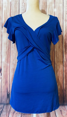 Women s Medium Blouse Georgiou Studio Blue Tie Back Short Flutter Sleeve Stretch