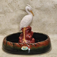 ROSEMEADE Art Pottery FLOWER BOWL 8" with Crane 6.75"  North Dakota  - Rare