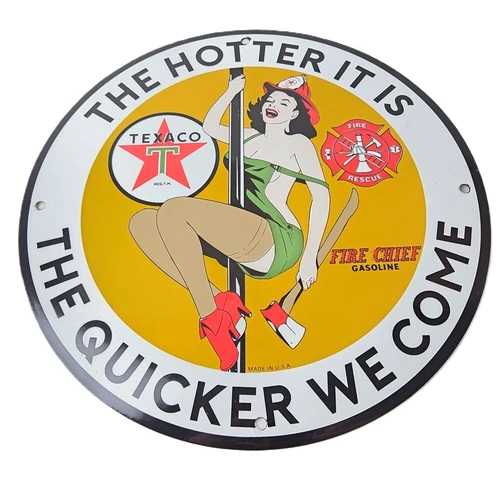 Vintage Texaco Gasoline Sign - Fire Pole Fire Chief Gas Pump Ad Porcelain Sign