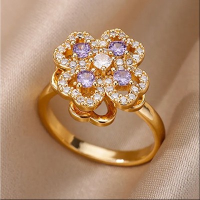 Golden Clover Rotate Rings For Women,Zircon Stainless Steel Open Adjustable Ring
