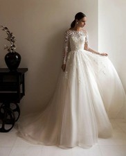 Champagne Tulle Wedding Dress Long Sleeve V-neck Lace A-line Plus Bridal Gown