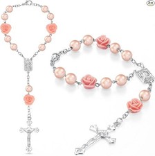 2 Piece Pink Rosary Rose Car Rosary Rearview Mirror Hanging Charm, Religious Aut