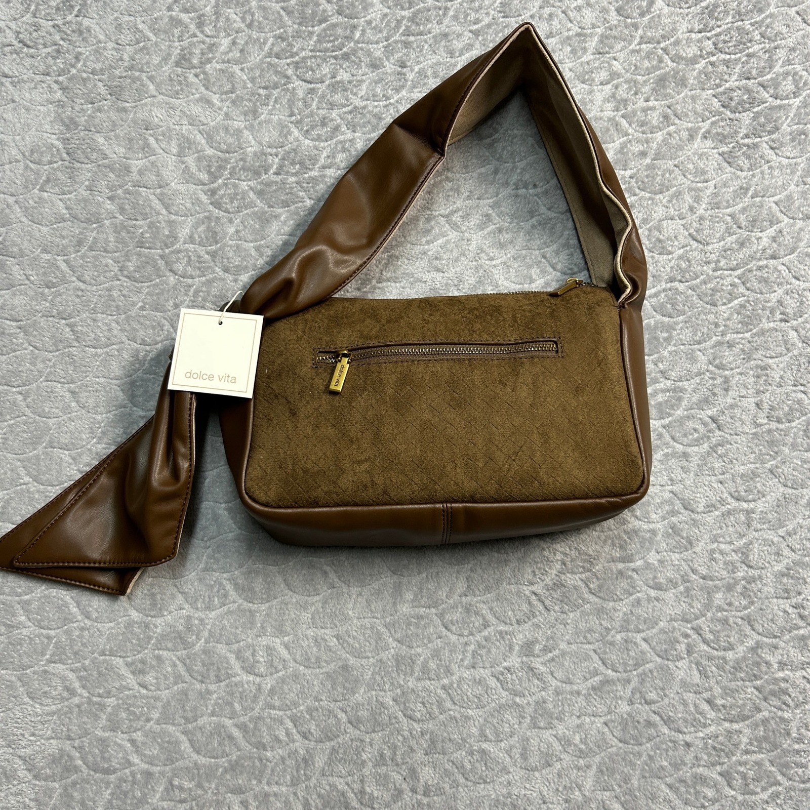 Dolce Vita Maureen Knot Top Carry Shoulder Bag Brown Suede Leather Trim
