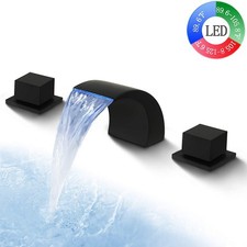 Black LED Bathroom Sink Faucet 3 Holes 2 Handle Vanity Mixer Tap w/ Supply Hoses