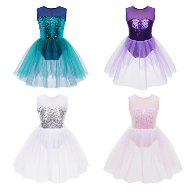 CHICTRY Kinder Mädchen Tanztrikot Kleid Ärmellos Glänzende Pailletten Mesh Kleid