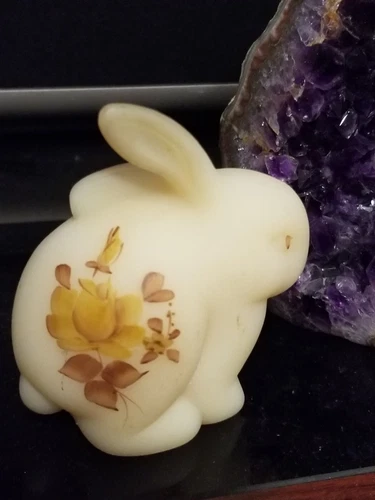 Vintage Fenton Art Glass Custard Satin Glass Bunny Figurine Hand Painted
