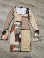 Pretty Little Thing RW Beige Green Patchwork Short Fitted Body Con Dress 4 Teen