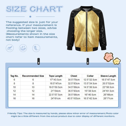 Kids Girls Baseball Jacket Shiny Metallic Long Sleeve Bomber Coat Outerwear - Picture 96 of 104