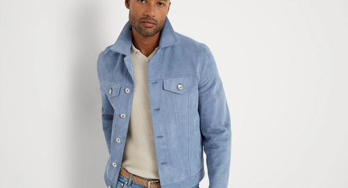 Mens Blue Leather Trucker Jacket Pure Suede Custom Made Size S M L XL 2XL 3XL - Picture 2 of 8