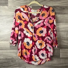Stylus Womens Blouse Pink Orange Floral Print 3/4 Sleeve Half Button Front M