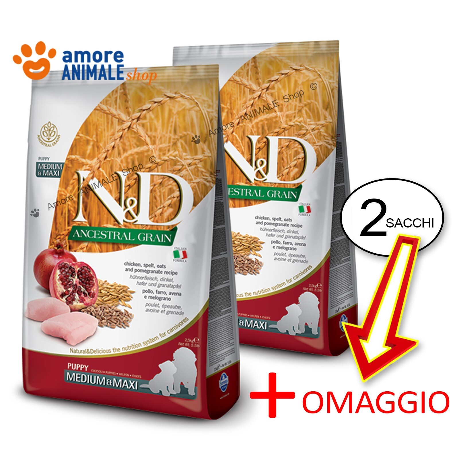2 SACCHI - Farmina Dog N&D Ancestral Puppy Medium/Maxi → Pollo e Melograno 12 kg