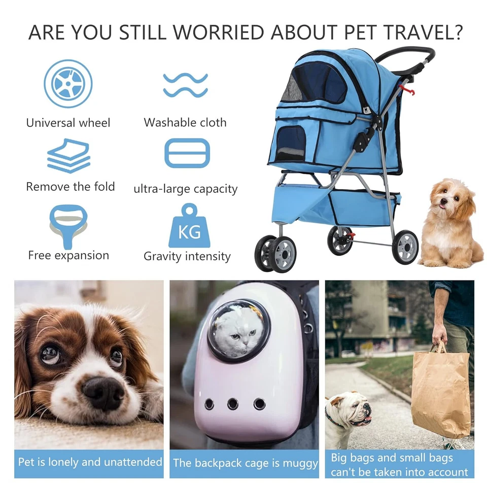 New Blue Pet Stroller Cat Dog Cage 3 Wheels Stroller Travel Folding Carrier - Image 3 of 4