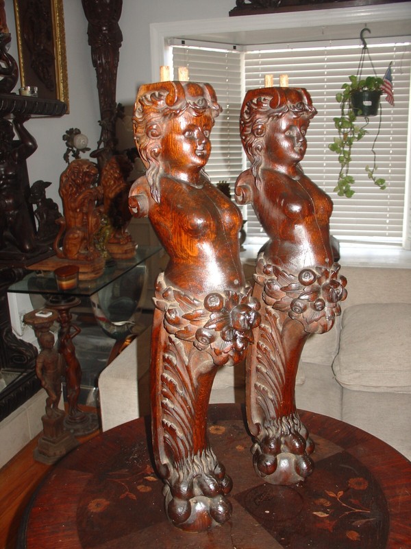 Antique Wood Caryatids RJ Horner  1880 American Carved Oak Figural Maiden Parts
