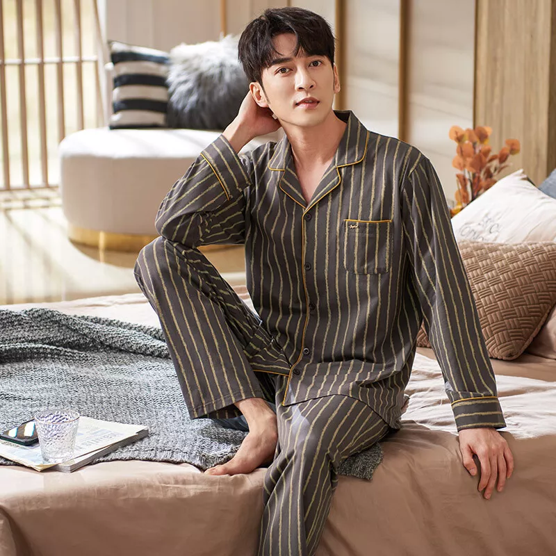 Cotton Pajamas for Men Sleepwear Striped Pjs Set Warm Loungewear Nightwear